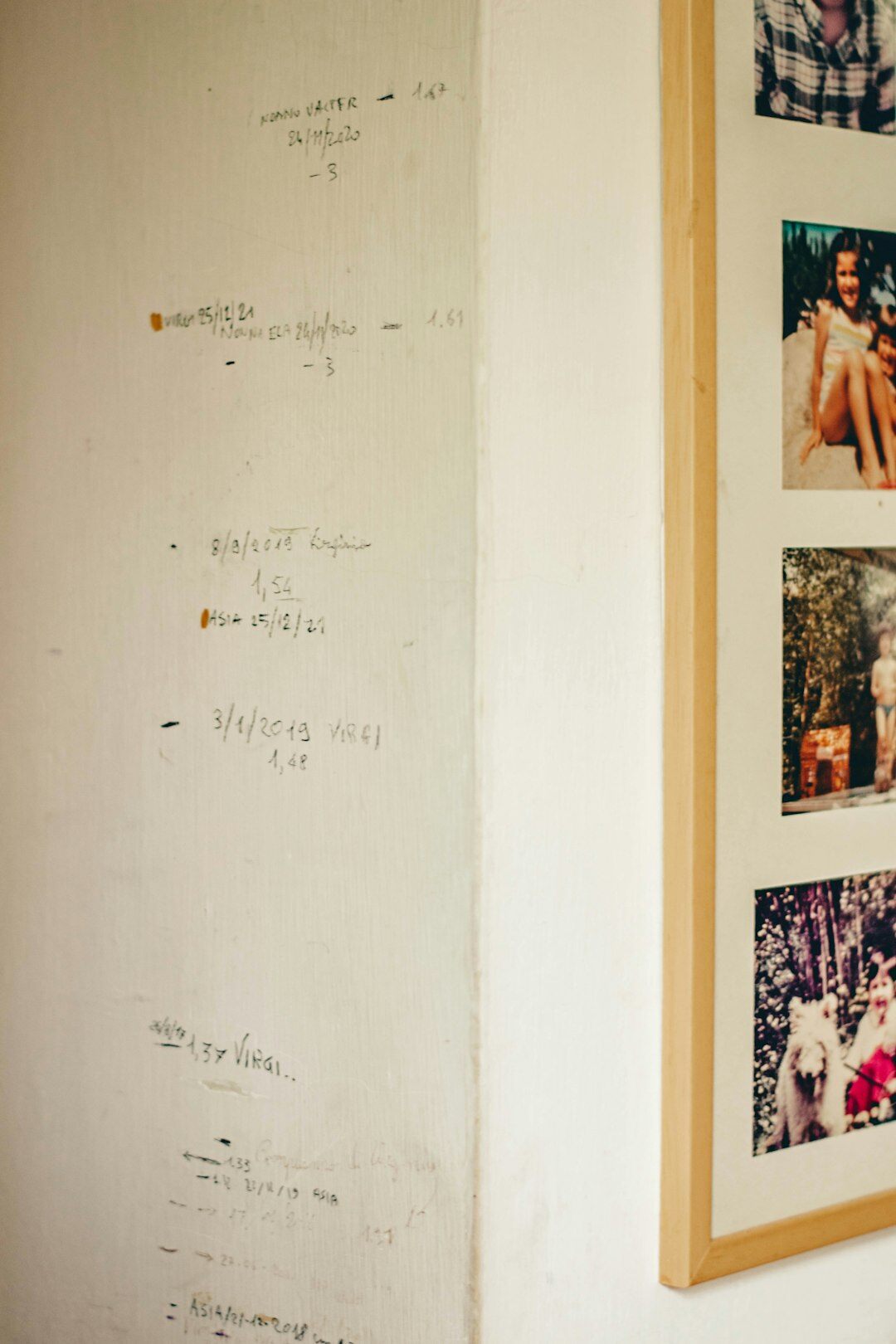 Wall covered with pinned printed photographs and handwritten notes